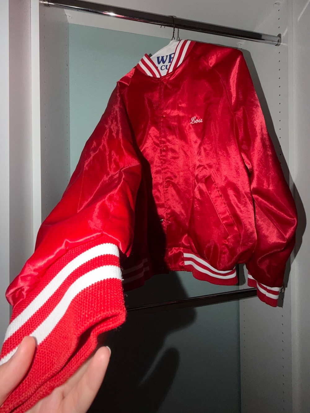 Red Satin Varsity Bomber Jacket with White Stripe Trim